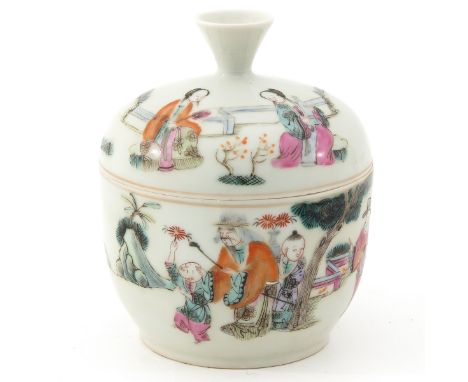 Depicting Chinese figures in garden, depicting erotic scene inside of bowl, 13 cm. tall x 10 cm. in diameter.