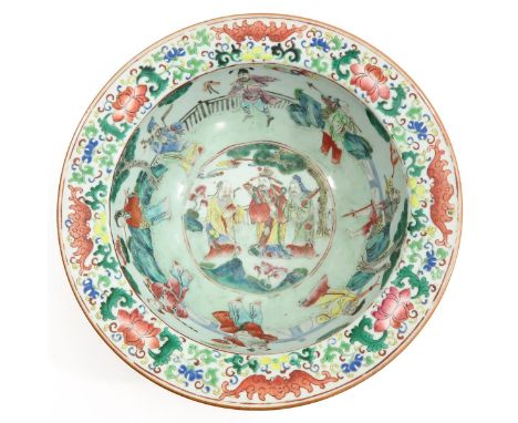 Decorated with Chinese figures in garden in center of wash basin with floral and bat decor on border with bamboo splashes on 