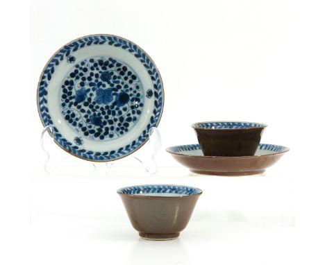 Batavianware, blue floral decor, saucers are 12 cm. in diameter. 