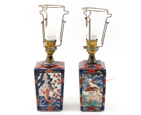 Decorated with scenes of flowers and animals, 18 cm. tall not including lamp fitting.