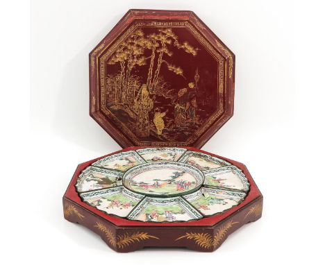 Box fitted with enamel 9 piece divided tray depicting Chinese figures in garden, in diverse conditions, box measures 45 x 45 
