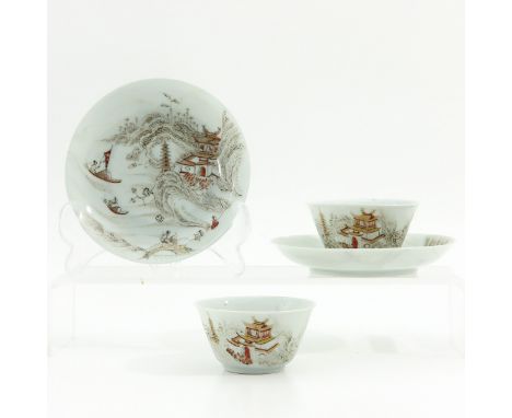 Milk and Blood Decor, depicting landscape scene with mountains and pagodas, saucers are 12 cm. in diameter, chip and hairline