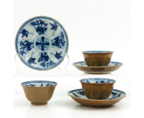 Batavianware, blue floral decor, saucers are 12 cm. in diameter.