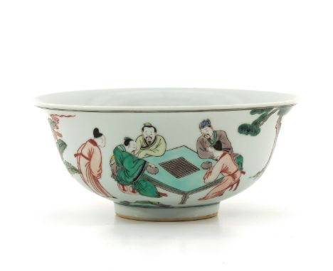 Decorated with Chinese figures in garden, Kangxi mark, 21 cm. in diameter.