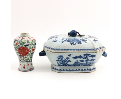 Polychrome floral decor Kangxi vase is 19 cm. tall,, tureen is 36 x 22 x 20 cm., both restored.