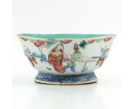 Depicting gathering of Chinese figures in garden, marked with seal mark, 16 cm. in diameter.