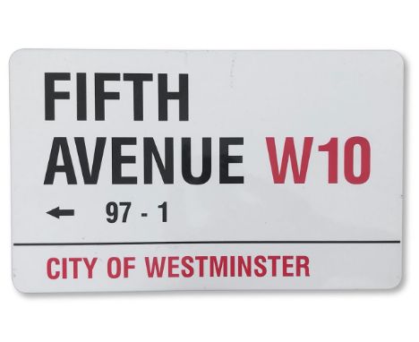 An enamelled iron street sign for Fifth Avenue W10 numbers 97 - 1, City of Westminster, with iconic and black and red sans se