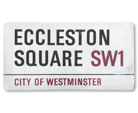 An enamelled iron street sign for Eccleston Square SW1, City of Westminster, with iconic and black and red sans serif letteri