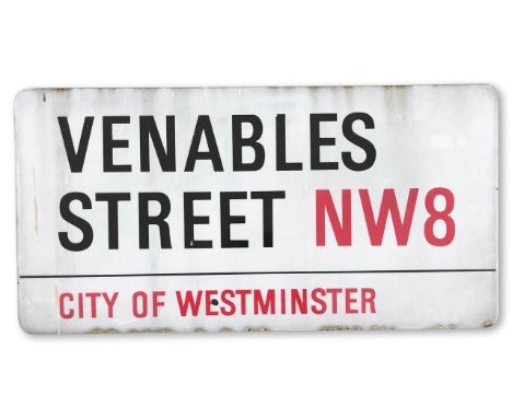 An enamelled iron street sign for Venables Street NW8, City of Westminster, with iconic and black and red sans serif letterin