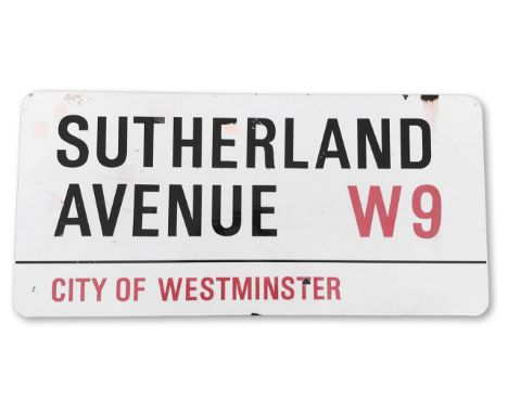 An enamelled iron street sign for Sutherland Avenue W9, City of Westminster, with iconic black and red sans serif lettering f