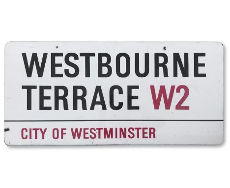 An enamelled iron street sign for Westbourne Terrace W2, City of Westminster, with iconic and black and red sans serif letter