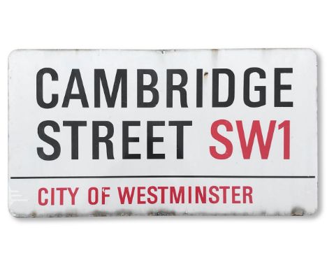 An enamelled iron street sign for Cambridge Steet, City of Westminster, with iconic and black and red sans serif lettering fi
