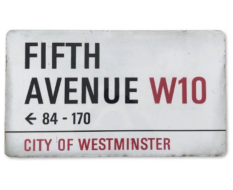 An enamelled iron street sign for Fifth Avenue W10 84 -170, City of Westminster with iconic black and red sans serif letterin
