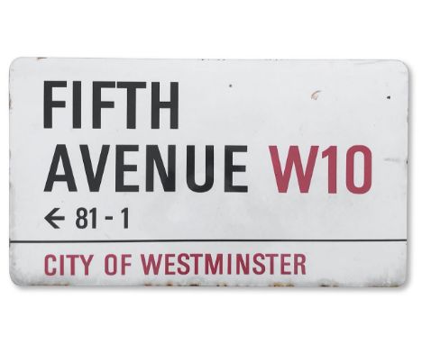 An enamelled iron street sign for Fifith Avenue W10 numbers 81 - 1, City of Westminster, with iconic and black and red sans s