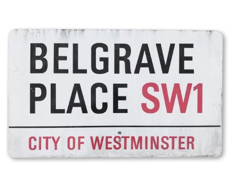 An enamelled iron street sign for Belgrave Place SW1, City of Westminster, with iconic and black and red sans serif lettering