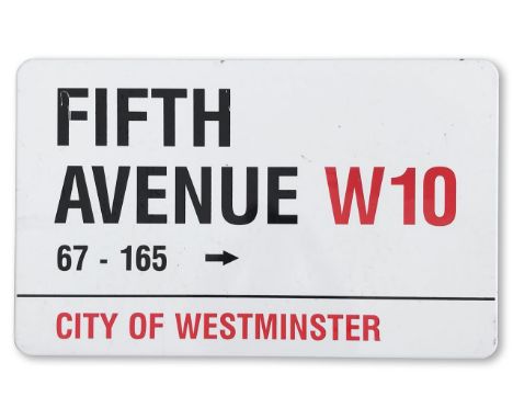 An enamelled iron street sign for Fifth Avenue  67-165 W10, City of Westminster, with iconic and black and red sans serif let