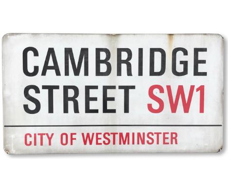 An enamelled iron street sign for Cambridge Street SW1, City of Westminster, with iconic and black and red sans serif letteri