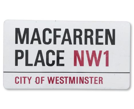 An enamelled iron street sign for MacFarren Place NW1, City of Westminster, with iconic and black and red sans serif letterin