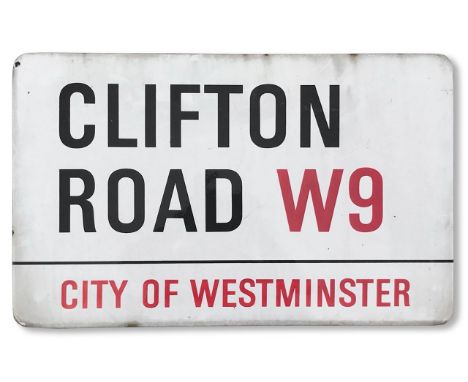 An enamelled iron street sign for Clifton Road W9, City of Westminster, with iconic and black and red sans serif lettering fi