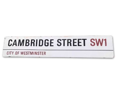 An enamelled iron street sign for Cambridge Street SW1, City of Westminster, with iconic black and red sans serif lettering f
