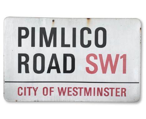 An enamelled iron street sign for Pimlico Road SW1, City of Westminster, with iconic and black and red sans serif lettering f