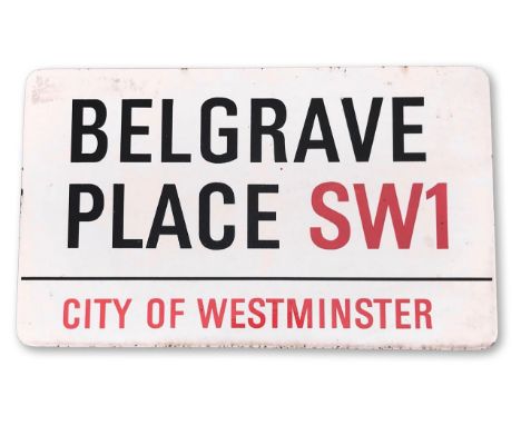 An enamelled iron street sign for Belgrave Place SW1, City of Westminster, with iconic black and red sans serif lettering fir
