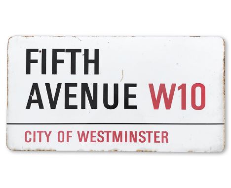 An enamelled iron street sign for Fifth Avenue W10, City of Westminster, with iconic and black and red sans serif lettering f