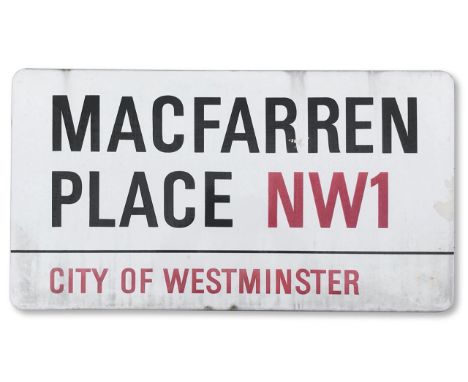 An enamelled iron street sign for MacFarren Place NW1, City of Westminster, with iconic and black and red sans serif letterin