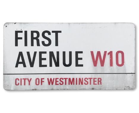 An enamelled iron street sign for First Avenue W10, City of Westminster, with iconic and black and red sans serif lettering f