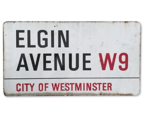 An enamelled iron street sign for Elgin Avenue W9, City of Westminster with iconic black and red sans serif lettering first c