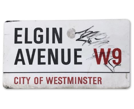 An enamelled iron street sign for Elgin Avenue W9, City of Westminster with iconic black and red sans serif lettering first c