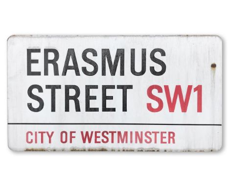 An enamelled iron street sign for Erasmus Street SW1, City of Westminster, with iconic and black and red sans serif lettering