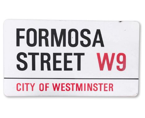An enamelled iron street sign for Formosa Street W9, City of Westminster, with iconic black and red sans serif lettering firs