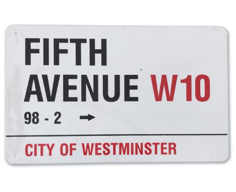 An enamelled iron street sign for Fifth Avenue W10 98 - 2, City of Westminster with iconic black and red sans serif lettering