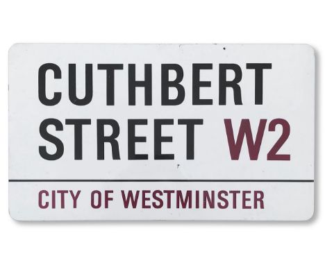 An enamelled iron street sign for Cuthbert Street, City of Westminster, with iconic and black and red sans serif lettering fi