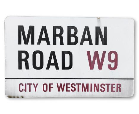 An enamelled iron street sign for Marban Road W9, City of Westminster, with iconic and black and red sans serif lettering fir