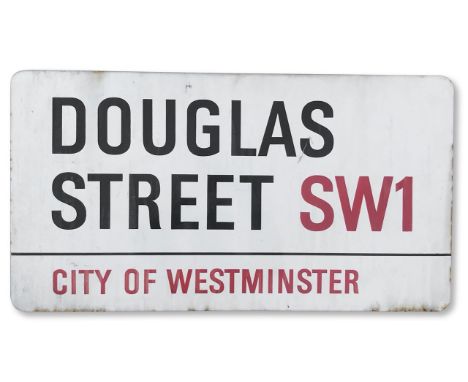An enamelled iron street sign for Douglas Street SW1, City of Westminster, with iconic and black and red sans serif lettering