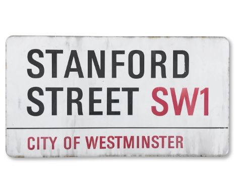 An enamelled iron street sign for Stanford Street SW1, City of Westminster, with iconic and black and red sans serif letterin