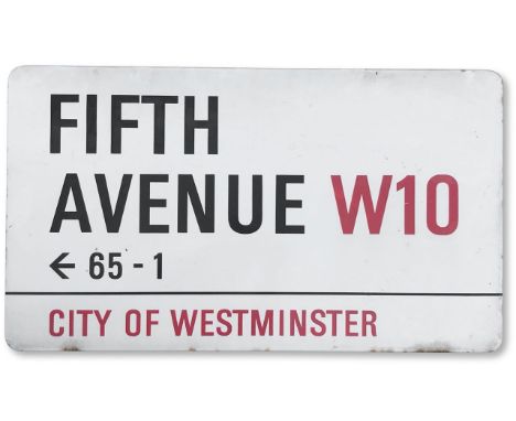 An enamelled iron street sign for Fifth Avenue numbers 65 -1 , City of Westminster, with iconic and black and red sans serif 