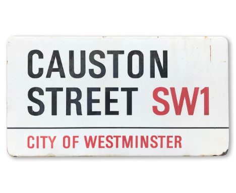 An enamelled iron street sign for Causton Street SW1, City of Westminster, with iconic and black and red sans serif lettering