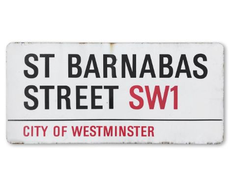 An enamelled iron street sign for St Barnabas Street SW1, City of Westminster, with iconic and black and red sans serif lette