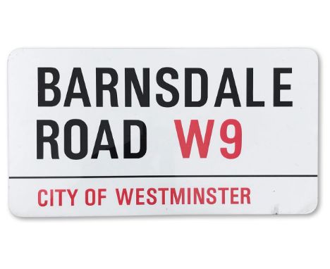 An enamelled iron street sign for Barnsdale Road W9, City of Westminster with iconic black and red sans serif lettering first