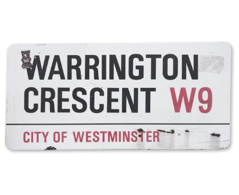 An enamelled iron street sign for Warrington Crescent W9, City of Westminster, with iconic and black and red sans serif lette