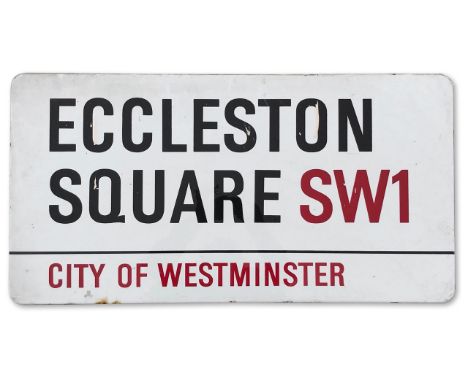 An enamelled iron street sign for Eccleston Square SW1, City of Westminster with iconic black and red sans serif lettering fi