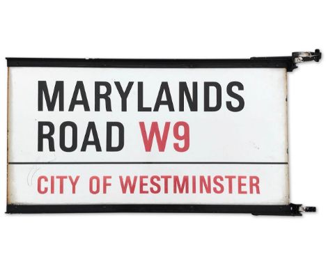 An enamelled iron post street sign for Marylands Road W9, City of Westminster, double sided with iconic and black and red san