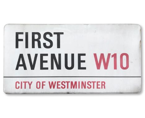 An enamelled iron street sign for First Avenue W10, City of Westminster, with iconic and black and red sans serif lettering f