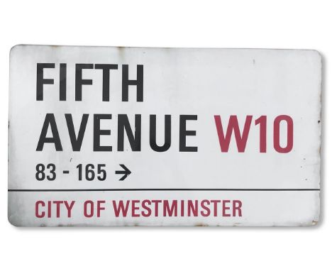 An enamelled iron street sign for Fifth Avenue W10 numbers 83 - 165, City of Westminster, with iconic and black and red sans 