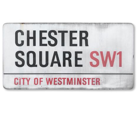 An enamelled iron street sign for Chester Square SW1, City of Westminster, with iconic and black and red sans serif lettering