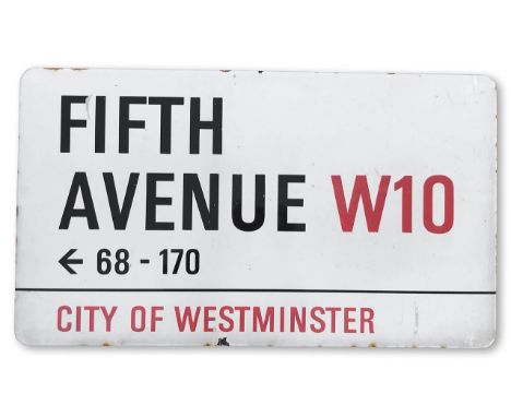 An enamelled iron street sign for Fifth Avenue 68-170 W10, City of Westminster, with iconic and black and red sans serif lett