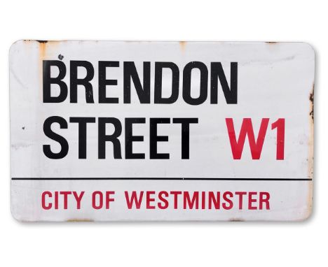 An enamelled iron street sign for Brendon Street W1, City of Westminster, with iconic and black and red sans serif lettering 